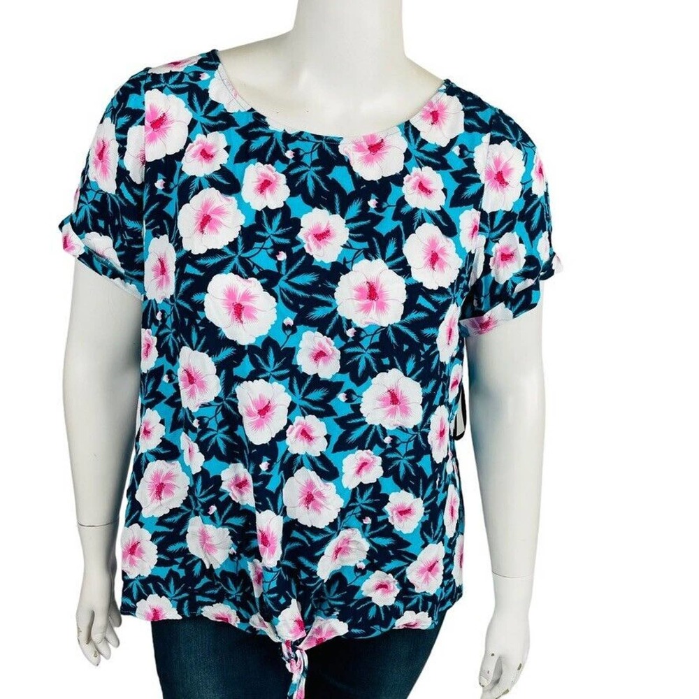 Westport Womans Sz 2X Blouse Shirt Floral Blue Short Sleeve Tie Detail - Picture 1 of 7